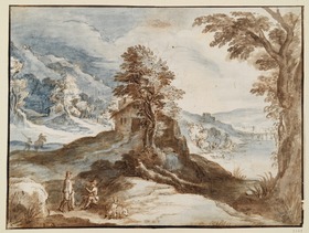 Bergige Landschaft, im Mittelgrund ein kleiner Hügel mit einem Haus