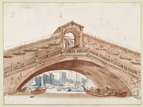 Die Rialto-Brücke in Venedig, vom Wasser aus gesehen