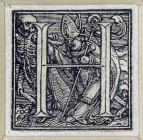 Initiale zu einem lateinischen Majuskel-Alphabet (sog. "Todesalphabet"): H