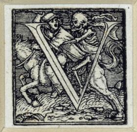 Initiale zu einem lateinischen Majuskel-Alphabet (sog. "Todesalphabet"): V