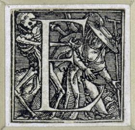 Initiale zu einem lateinischen Majuskel-Alphabet (sog. "Todesalphabet"): E