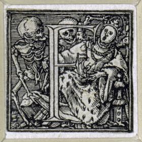 Initiale zu einem lateinischen Majuskel-Alphabet (sog. "Todesalphabet"): F