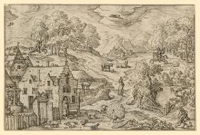 Landschaft mit Gutsgehöft, Tieren und Menschen in ländlichen Beschäftigungen, vielleicht zu einer Folge von Monatsdarstellungen gehörig