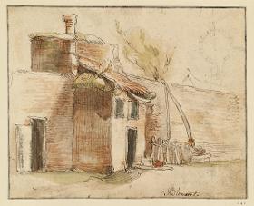 Torbau an einer Mauer (Montfoort?), rechts ein Ziehbrunnen , ein Uhrwerk (?) (Skizzenbuchblatt)