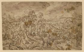 Christus auf dem Weg nach Emmaus in weiter Landschaft