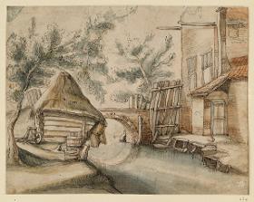 Kanal mit einer Ziegelbrücke, rechts ein Haus (Skizzenbuchblatt)