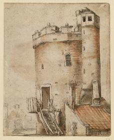 Der Bijhouwerstoren in Utrecht, von Osten aus gesehen, im linken Hintergrund das Ladenlokal der Bastion Sterrenburg (Skizzenbuchblatt)