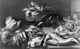 Stillleben mit Vögeln und Fischen