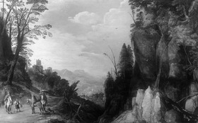 Gebirgslandschaft mit drei Reitern
