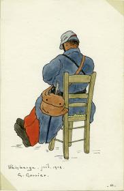 o. T. [Soldat auf einem Stuhl sitzend, von hinten]