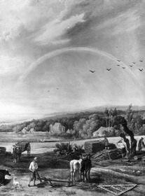 Landschaft mit Regenbogen und Holzfällern
