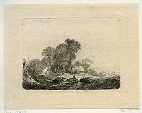 Landschaft mit Bauernhaus unter Bäumen