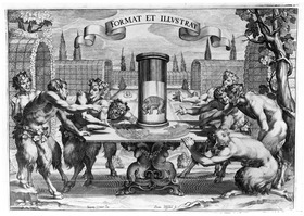 Satyre betrachten einen Elephanten im Glas und seinen Schatten