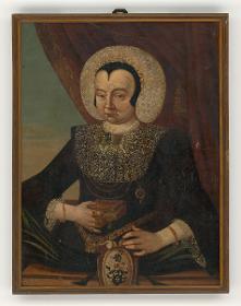 Porträt einer Frau in dunklem Obergewand, Brautgürtel und Kugelhaube