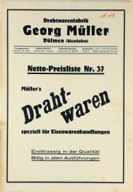 Netto-Preisliste Nr.37 Müller's Drahtwaren speziell für Eisenwarenhandlungen Drahtwarenfabrik Georg Müller, Dülmen