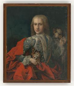 Porträt eines jungen Herrn in langärmeliger Weste, Umhang und Blumengebinde