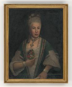 Porträt einer Frau in blauem Obergewand mit Blumenbrosche