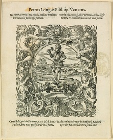 Symbol des Buchdruckers Petrus Longus zu Venedig: Knabe, der an einer Blume riecht; er steht auf zwei einander haltenden Händen. ("Petrus Longus Bibliop. Venetus.")