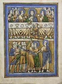 Abendmahl Christi, darunter die Gefangennahme. Rechts Petrus, der dem Malchus das Ohr abschlägt