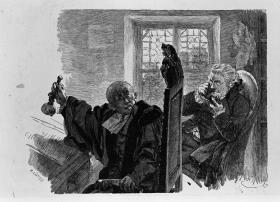 Adam, im Richterstuhl sitzend, schwingt die Schelle, rechts hinter ihm sitzt der Gerichtsrat und nimmt eine Prise, zu Heinrich von Kleist "Der Zerbrochene Krug"
