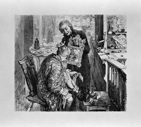 Der Dorfrichter Adam, mit dem Verbinden seines Beines beschäftigt, sieht im Spiegel, den ihm sein Schreiber Licht vorhält, sein zerschundenes Gesicht, zu Heinrich von Kleist "Der Zerbrochene Krug"