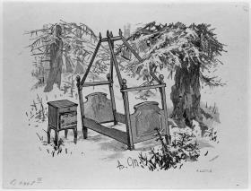 Bettgestell und Nachtkasten im verschneiten Fichtenwald (Adam träumt, dass er im Fichtenwald übernachten müsste), zu Heinrich von Kleist "Der Zerbrochene Krug"