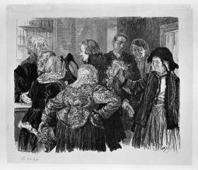 Die alte Brigitte mit der Perücke im Gerichtszimmer. Licht drängt sich mit dem Hut in der Hand durch die Parteien, um die Alte dem Gerichtsrat vorzustellen, zu Heinrich von Kleist "Der Zerbrochene Krug"