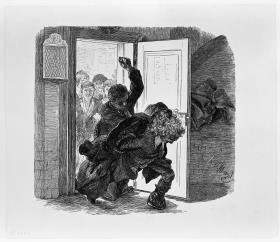 Adam, von Ruprecht verprügelt, stürzt aus dem Gerichtszimmer, Eve und die anderen sehen im Hintergrund zu, zu Heinrich von Kleist "Der Zerbrochene Krug"