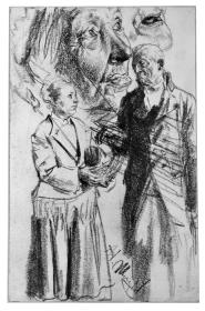 Heinrich von Kleist, Der zerbrochene Krug: Kopf einer empoblickenden alten Frau, rechts ihr Hund, Mädchen mit Krug in den Händen und alter Mann