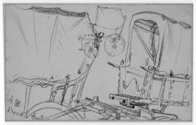 Heinrich von Kleist, Der zerbrochene Krug: Hintere und vordere Hälfte eines Planwagens und Planwagen in kleinerem Maßstab nach links
