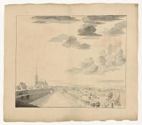 Ansicht der Stadt Wesel, links Blick über die Stadtbefestigung auf Kirche und Speicher sowie rechts die Gärten vor den Wallanlagen